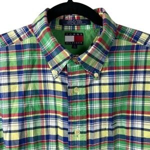 VTG‎ Tommy Hilfiger Y2K Multicolor Men's L Short Sleeve Plaid Cotton Shirt Crest